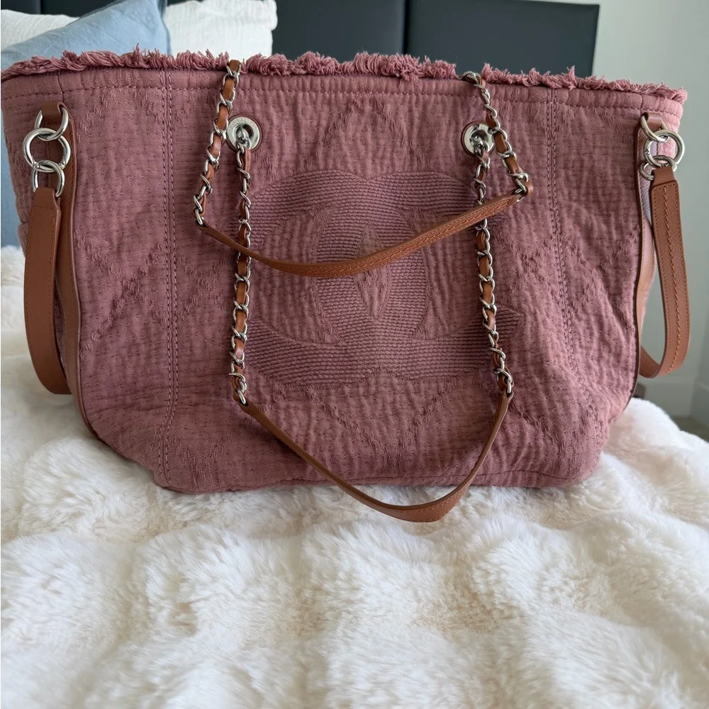 CHANEL Deauville Dusky Pink Quilted Fringed Tote with Brown Leather Trim